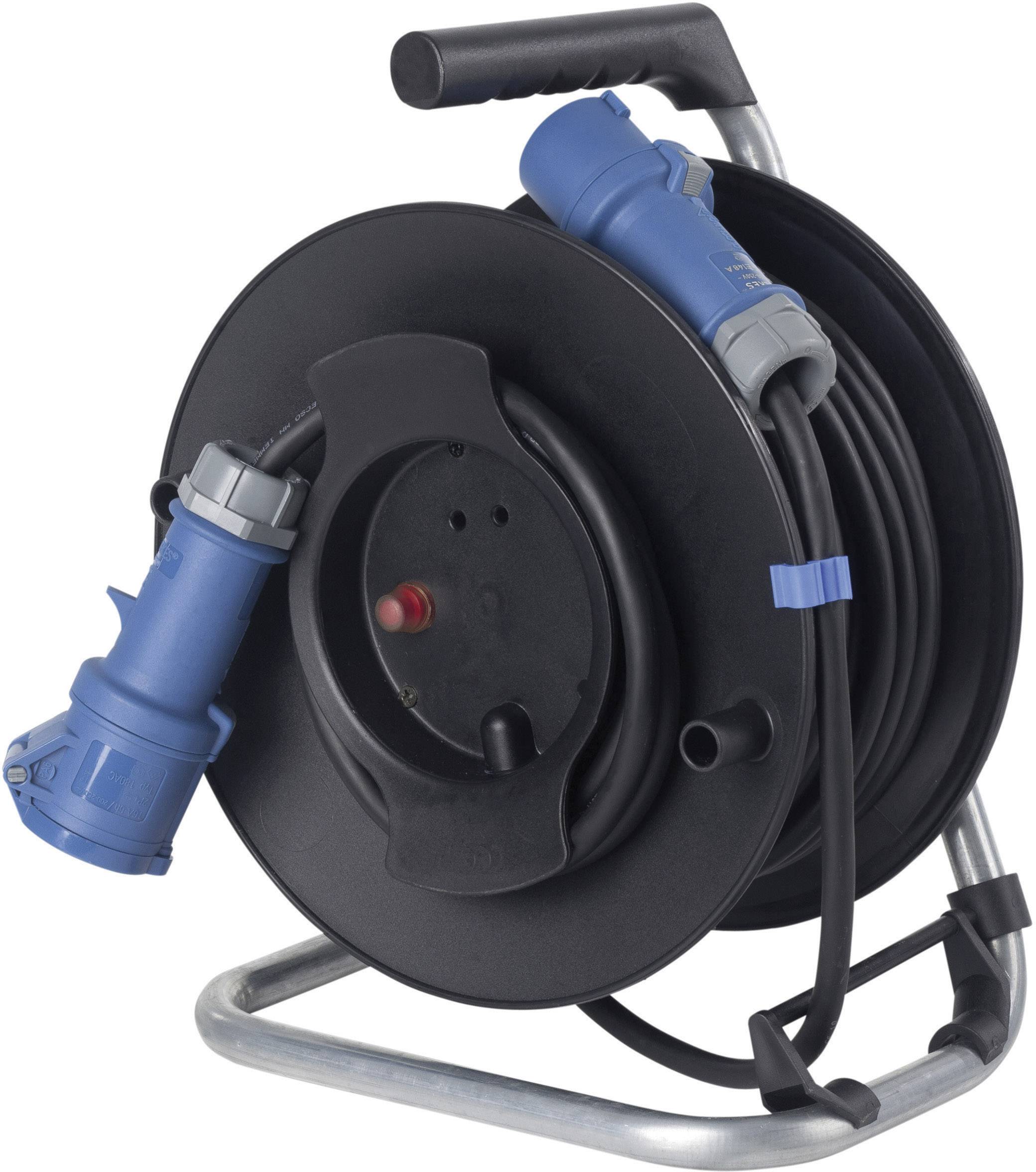 Eine schwarze Kabeltrommel mit langem Kabel ist aufgerollt. Blaue Steckverbindungen sind an der Trommel befestigt.