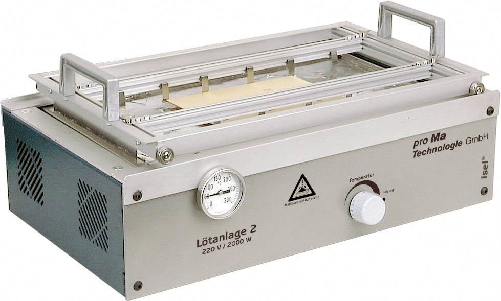 Eine Lötanlage mit Anzeige und Knopf zur Steuerung. Gehäuse beschriftet mit 'Lötanlage 2' und 'pro Ma Technologie GmbH'.