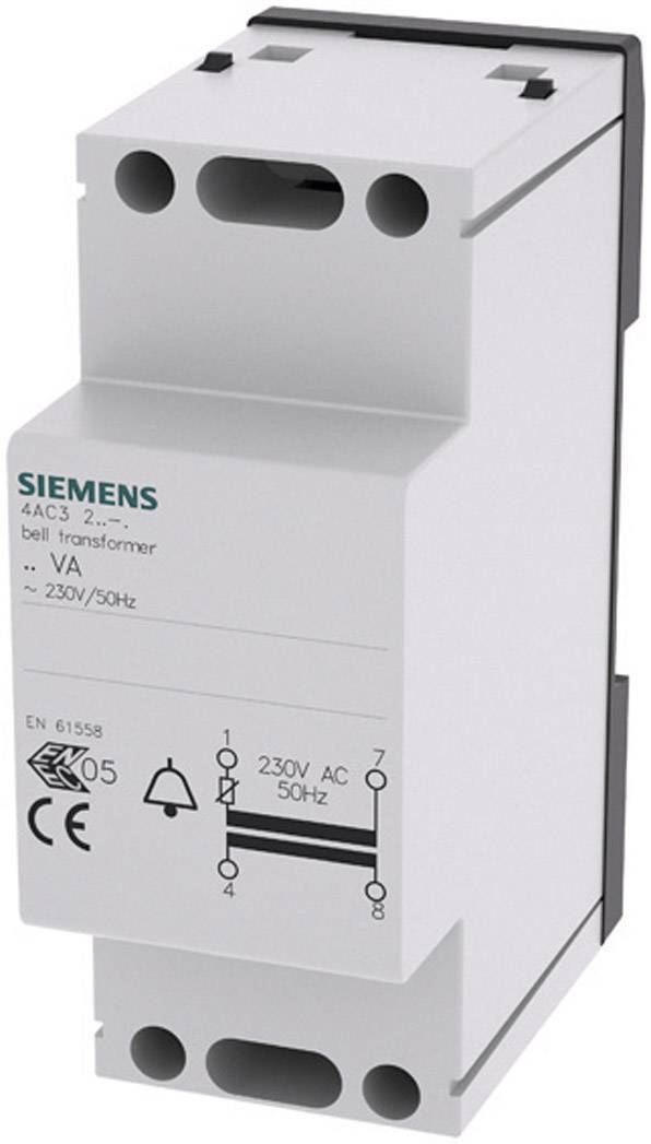 Weißer Klingeltransformator von Siemens, Modell für 230V AC 50Hz, mit technischen Spezifikationen und Logos auf der Vorderseite.