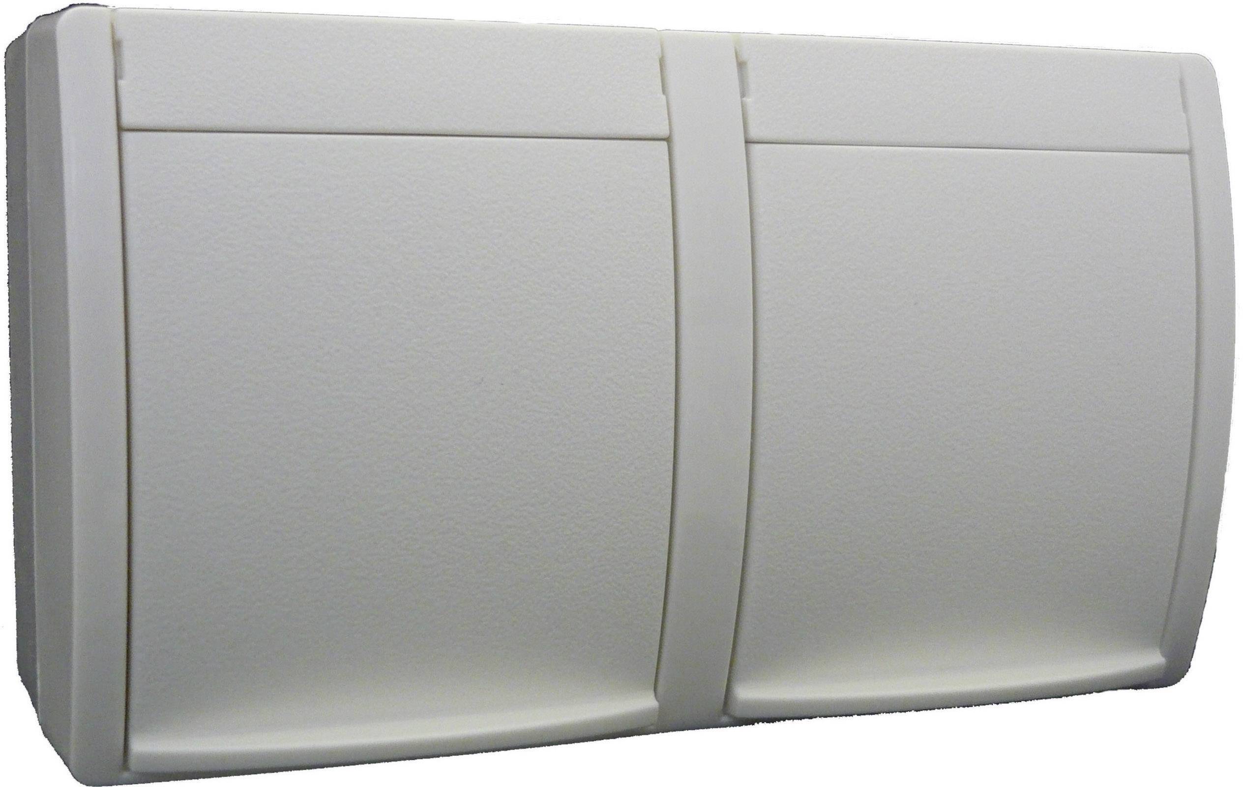 Zwei weiße Lichtschalter nebeneinander, an einer Wand montiert.