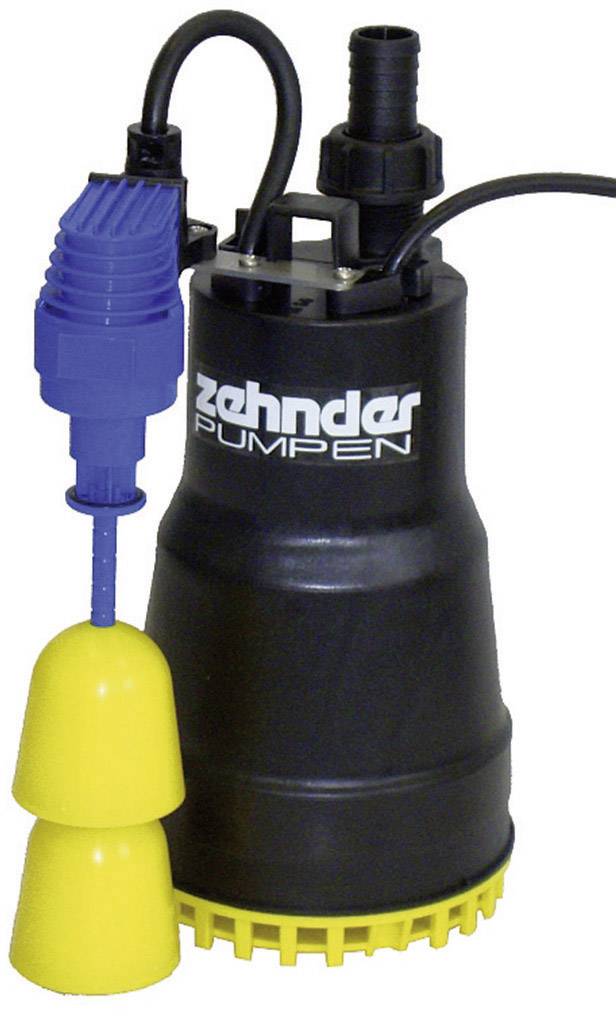 Schwarze Tauchpumpe mit gelbem Schwimmerschalter und blauen Bauteilen. Markierung: 'zehnder PUMPEN'.