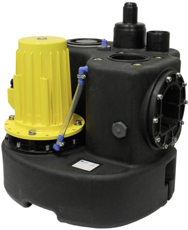 Kleine Abwasser-Hebeanlage mit gelber Pumpe und schwarzem Gehäuse, geeignet für häusliche Anwendung zur Förderung von Schmutzwasser.