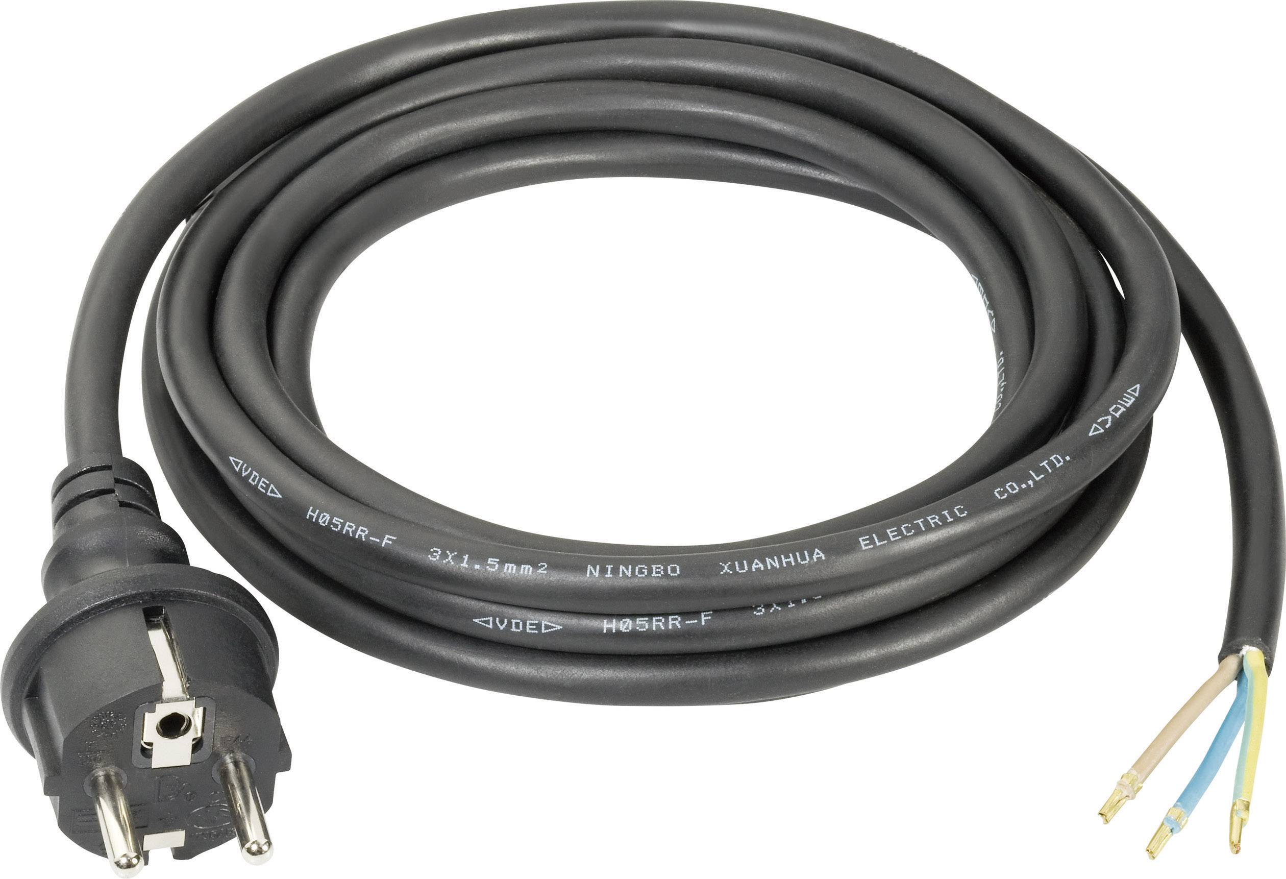 Ein europäisches Stromkabel mit Schuko-Stecker und abisolierten Enden, bereit zur Verwendung oder Installation in elektrischen Geräten.