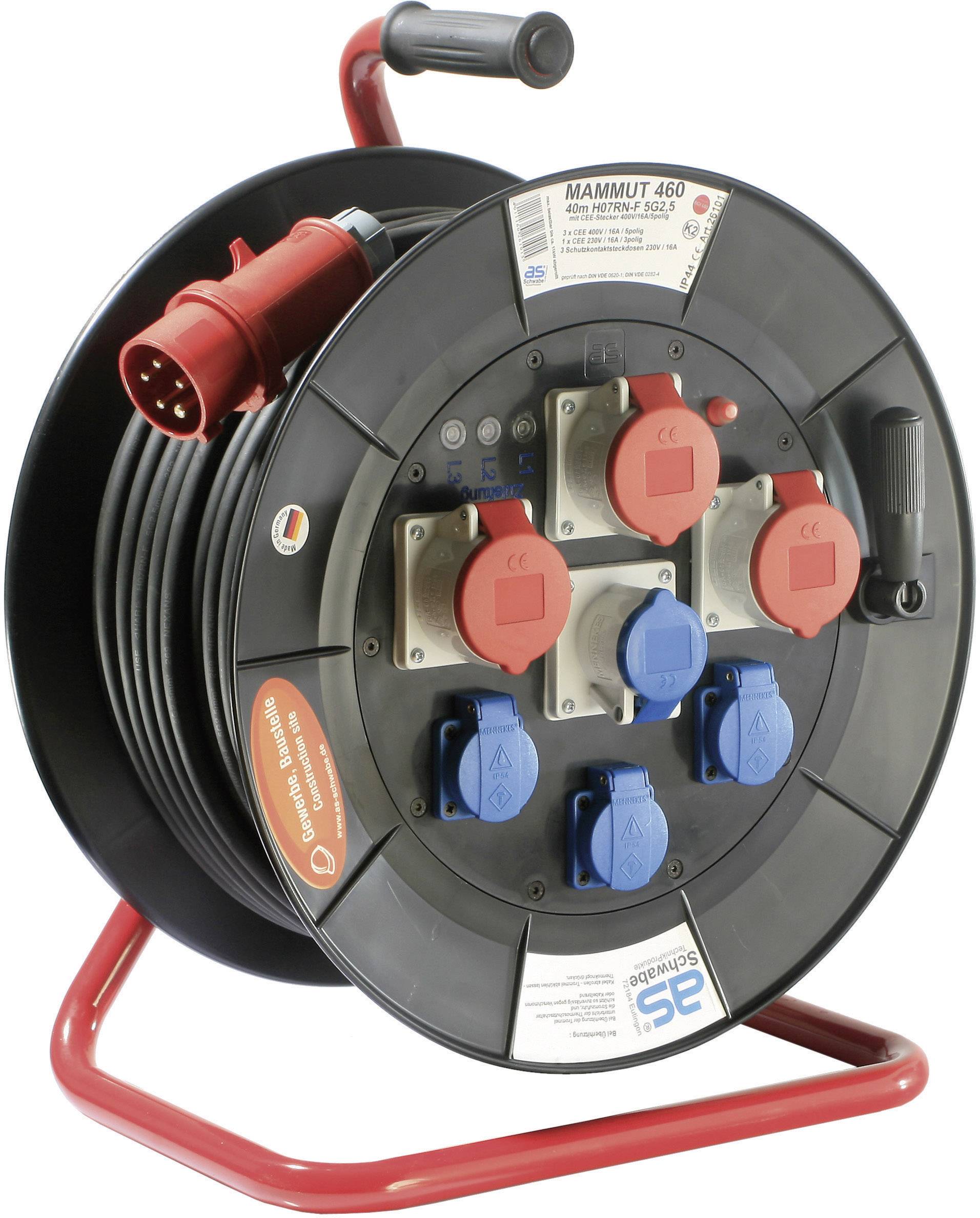 Bild einer Kabeltrommel mit mehreren Steckdosen, geeignet für den industriellen Einsatz.