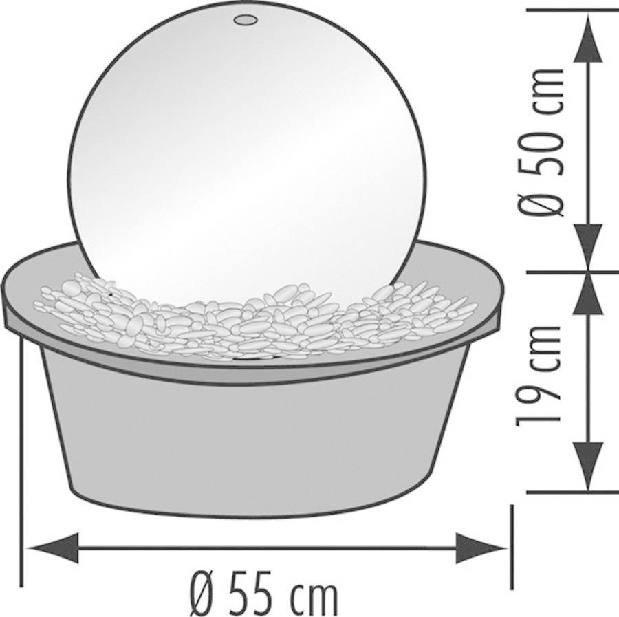 Skizze eines Brunnens mit Wasserkugel, Durchmesser der Kugel 50 cm, des Beckens 55 cm, Höhe 19 cm. Ideal für Garten.