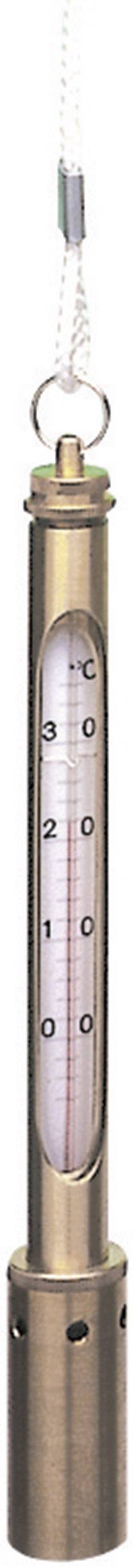 Thermometer in einem metallischen Gehäuse, verwendet zur Messung der Temperatur, mit Skala von -30 bis 50 Grad Celsius.