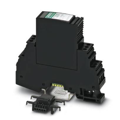 Schwarze elektronische Komponente mit befestigtem Interface-Modul, auf DIN-Schiene montiert. Geeignet für Industrieanwendungen.