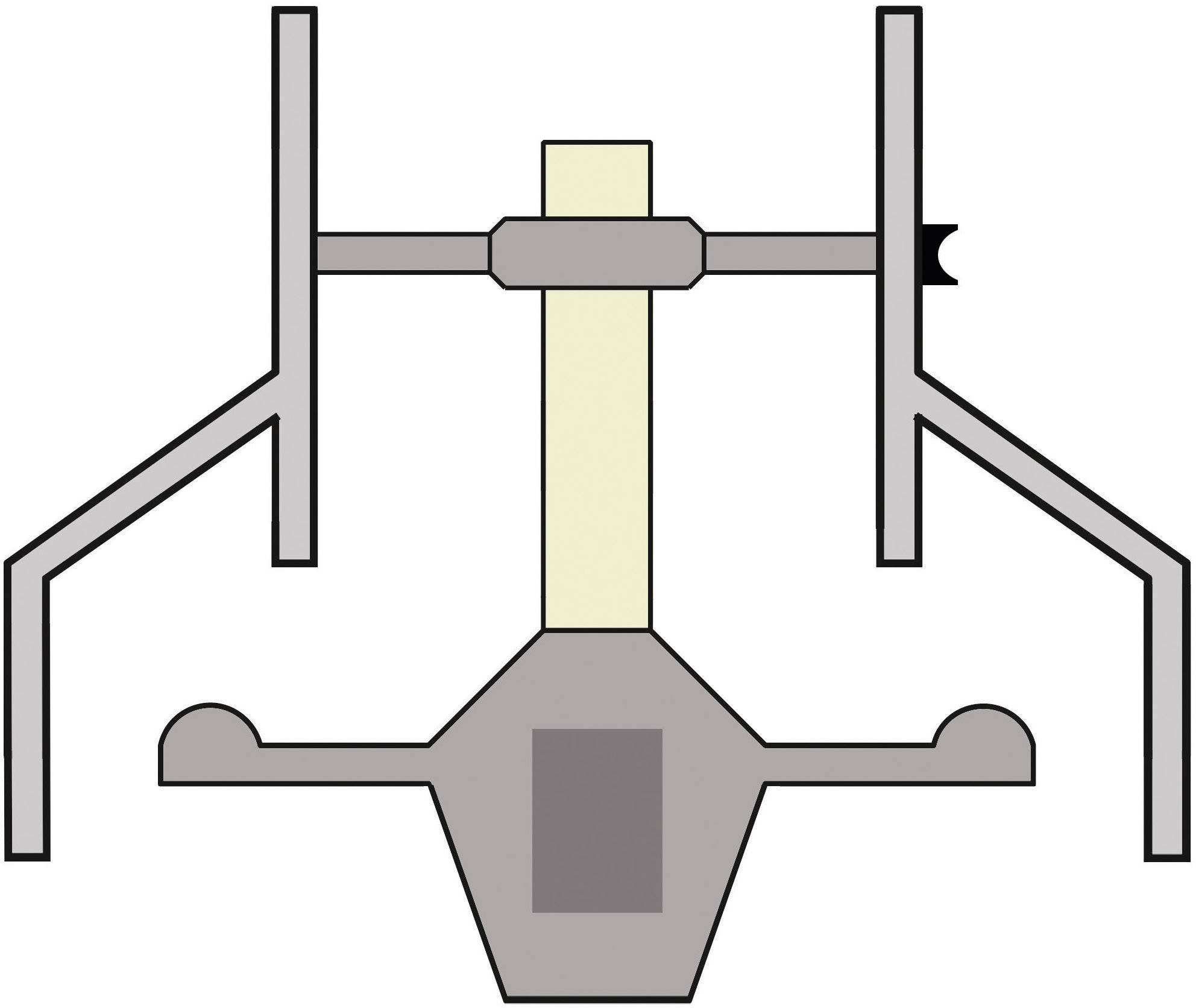 Diagramm eines mechanischen Greifers mit zentralem Arm, zwei Greifbacken und Gelenken, die die Backen öffnen und schließen lassen.