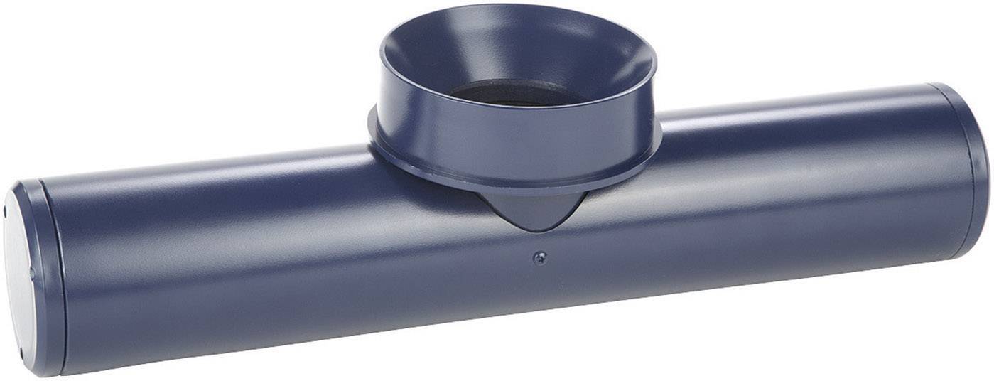 Dunkelblaues, zylinderförmiges Rohr mit einem runden Einstieg oben, ähnlich einem T-Stück, vor weißem Hintergrund.