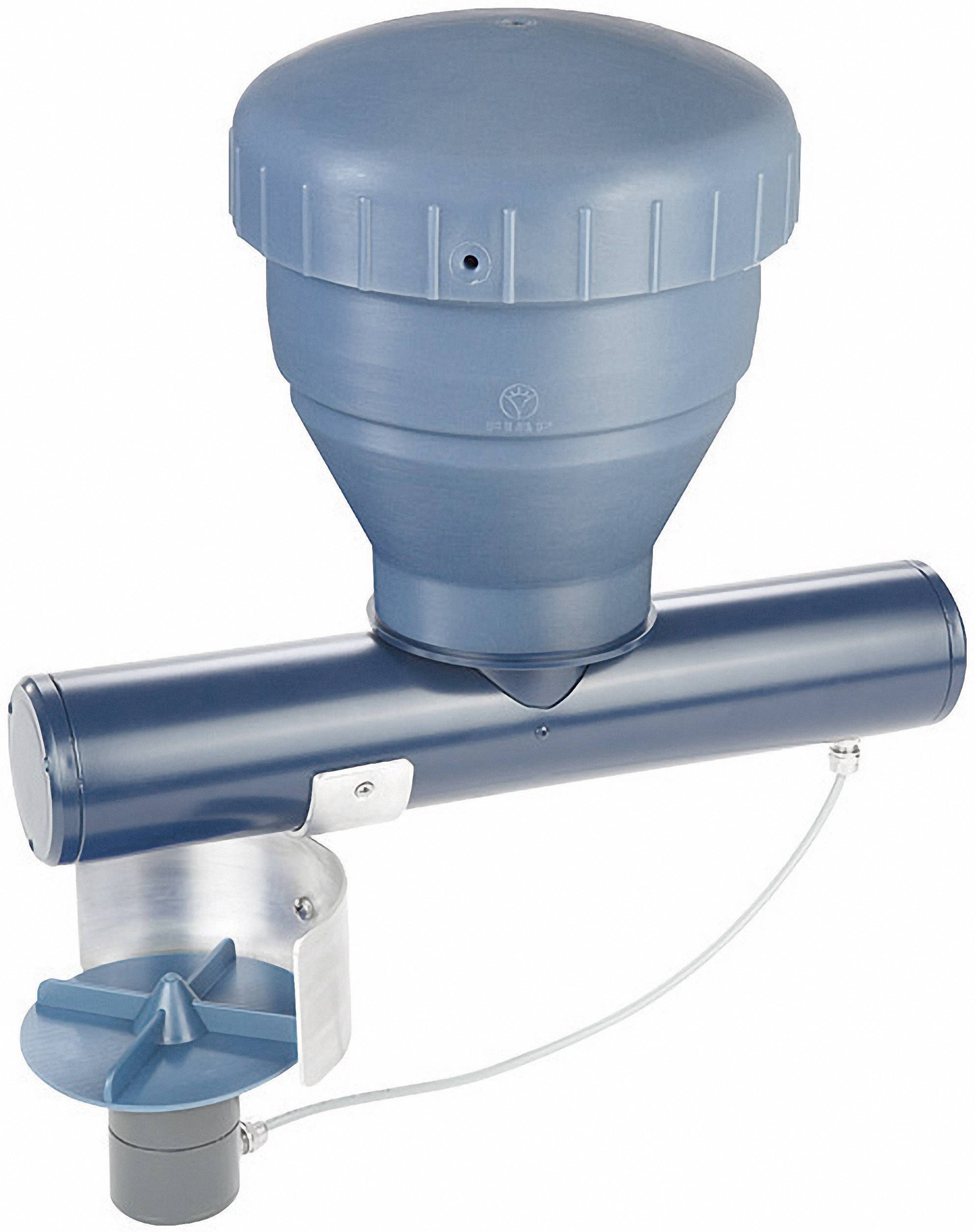 Ein blauer Regenmesser aus Metall und Kunststoff mit einer zylindrischen Grundstruktur und einem konischen Messbehälter darauf.