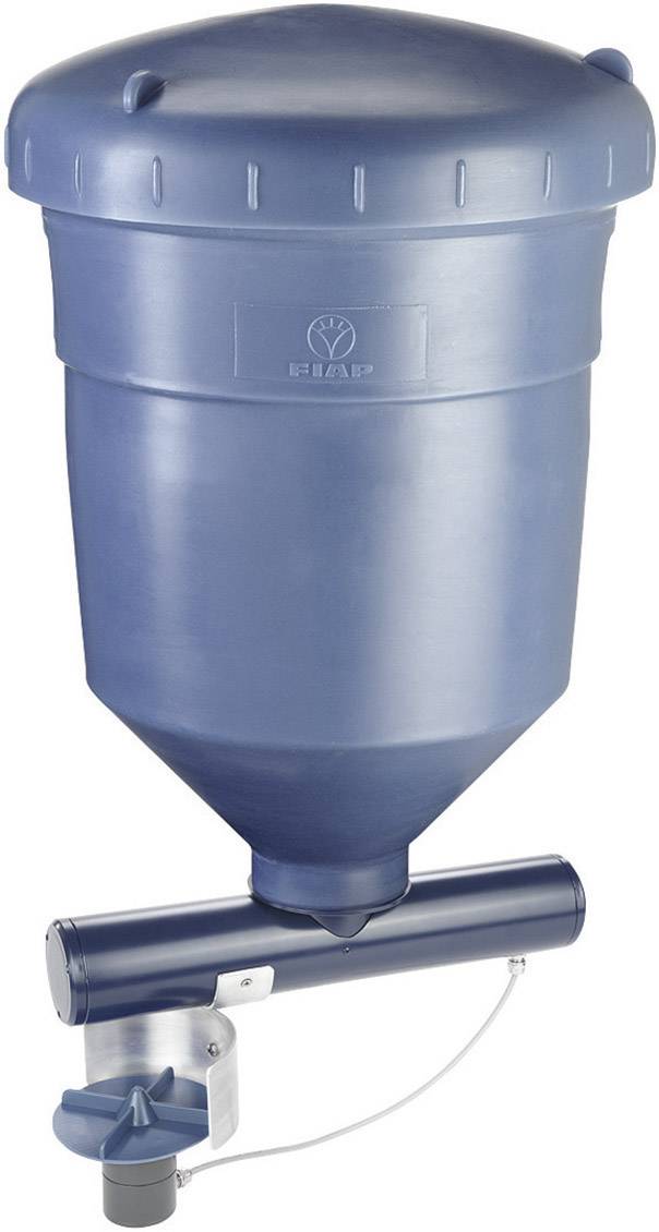 Blauer Metalltrichter mit geschlossenem Deckel, montiert auf einem Rohrsystem, wahrscheinlich für die Dosierung von Flüssigkeiten oder Granulaten.