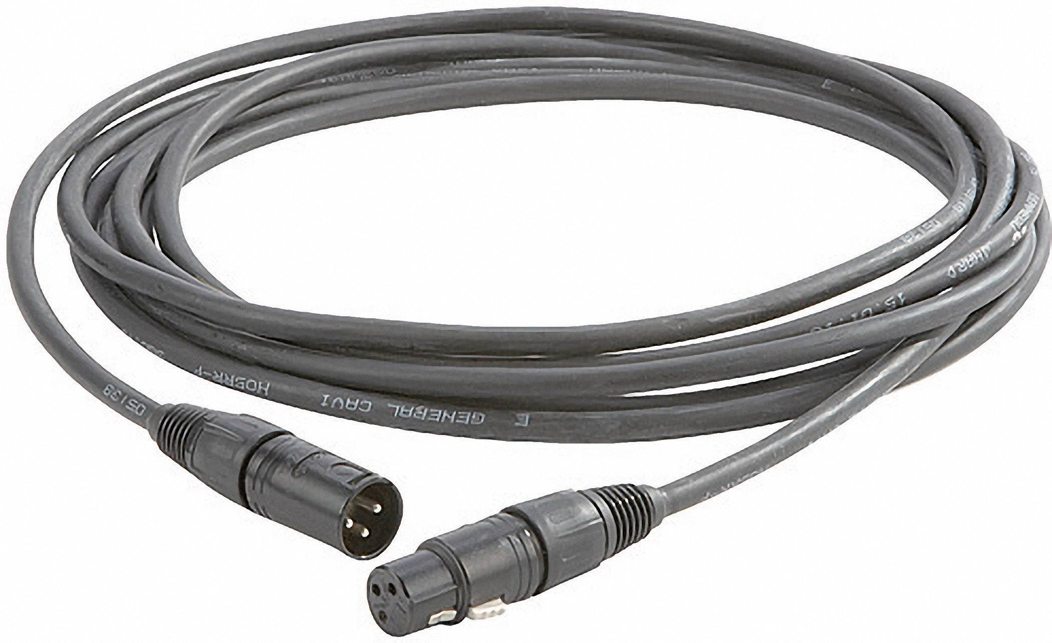 Ein langes, schwarzes XLR-Kabel mit einem männlichen und einem weiblichen Stecker, verwendet für Audio- und Bühnenausrüstungen.