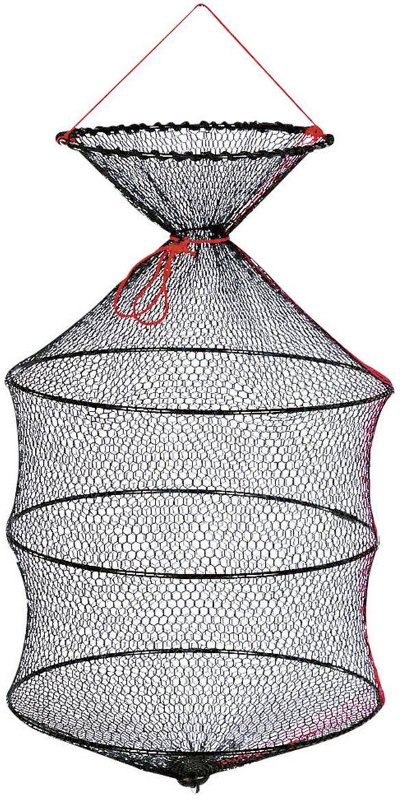 Ein zusammenklappbares Fischernetz aus schwarzem Mesh-Material mit roten Knoten, das an einem roten Seil aufgehängt ist.