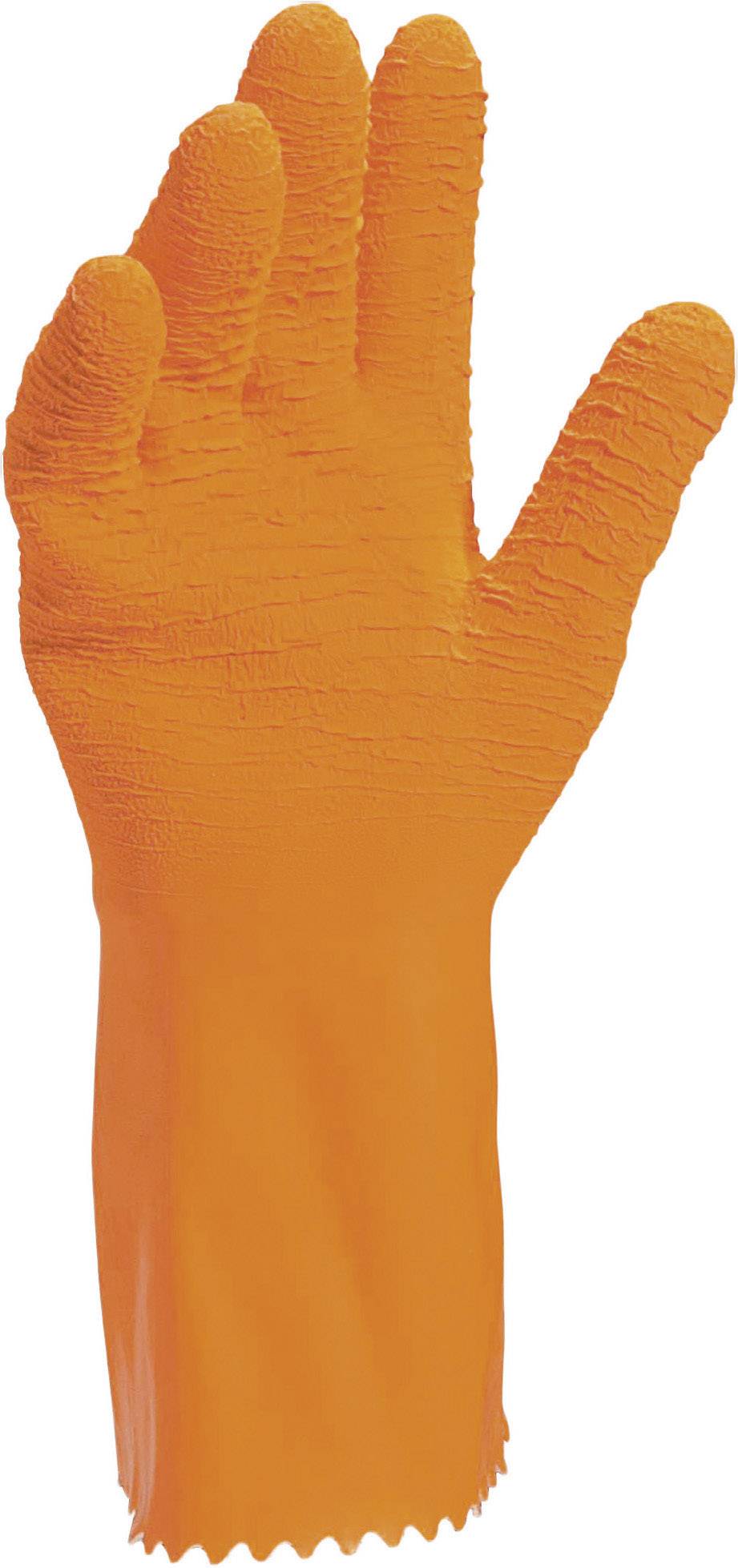 Eine orangefarbene Gummihandschuh, der nach oben zeigt, mit einer strukturierten Oberfläche für besseren Grip.
