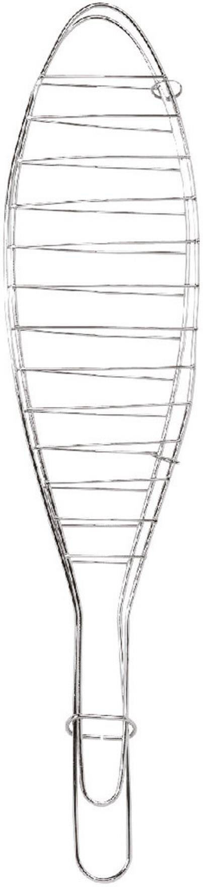 Ein metallener Fischgrillkorb, länglich geformt, mit Griff. Dieser dient zum sicheren Grillen von Fisch auf einem Rost.