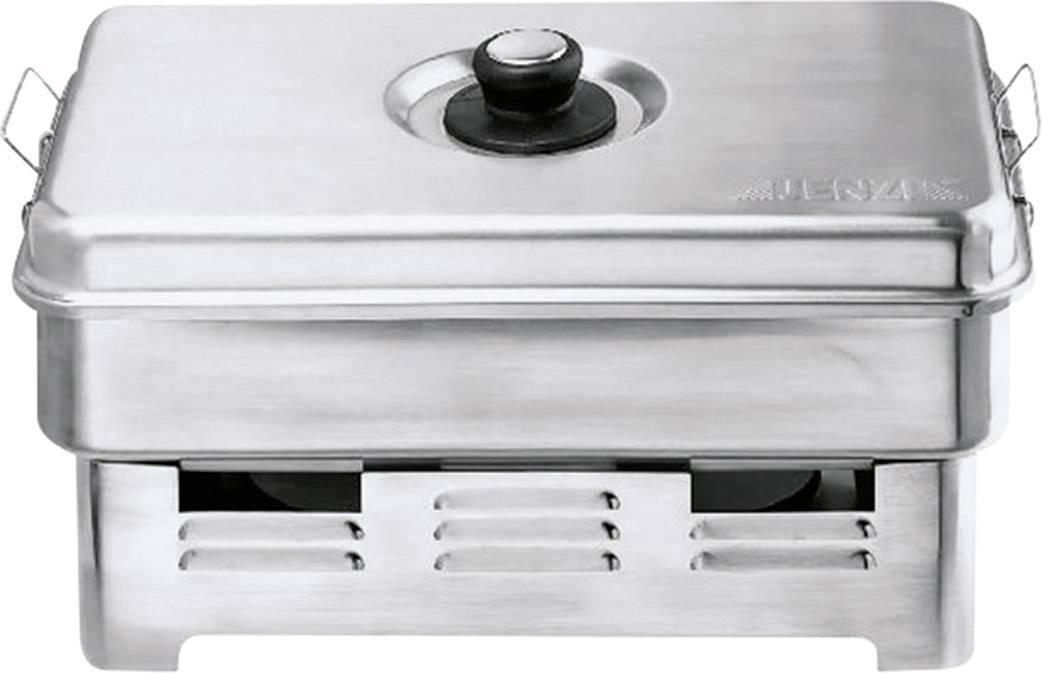 Ein silberner Metall-Chafing-Dish mit Deckel und Griff, geeignet zum Warmhalten von Speisen bei Buffets.