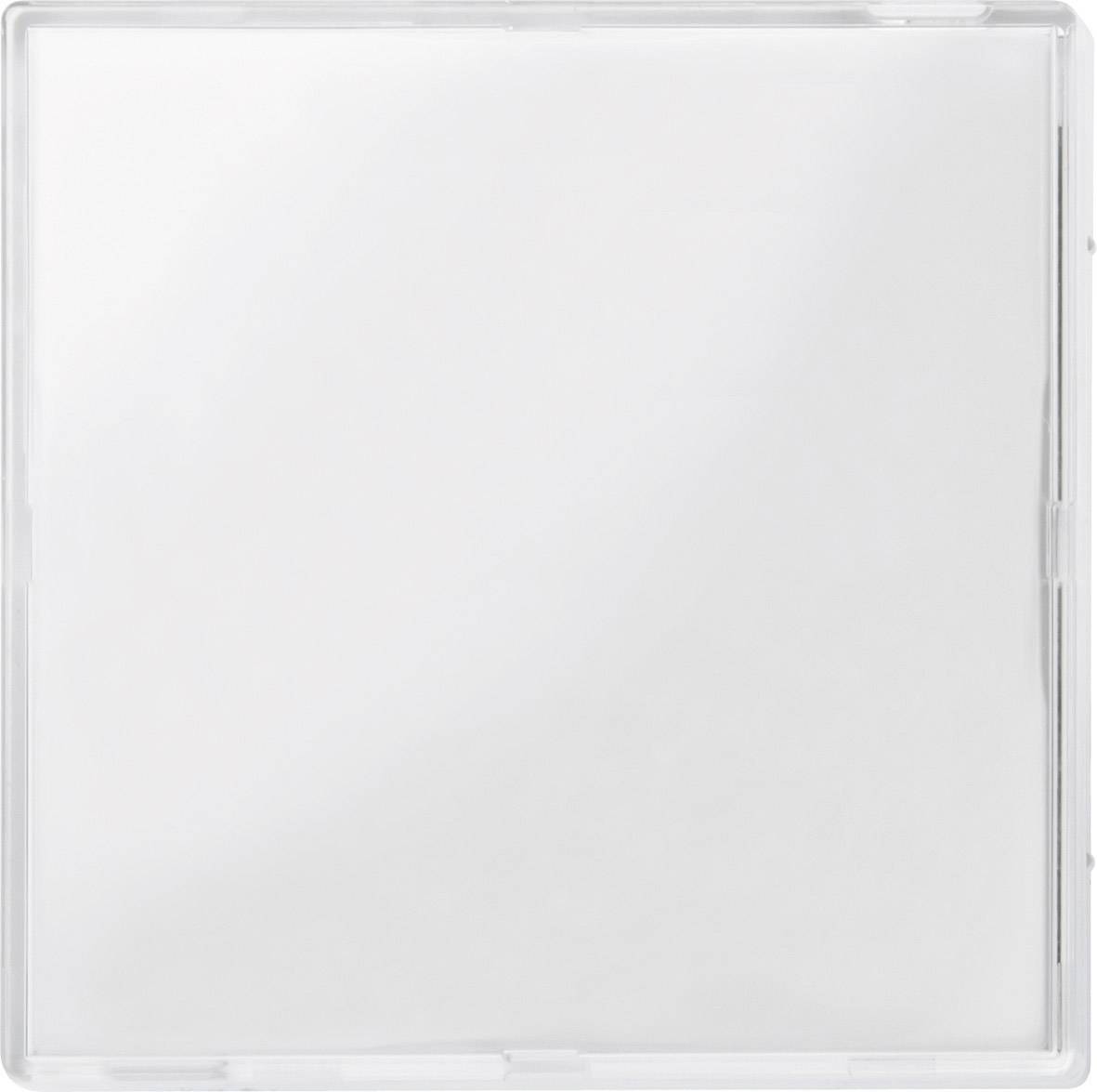 Ein leeres, durchsichtiges CD-Hüllen-Cover aus Plastik, quadratisch mit leicht reflektierender Oberfläche.