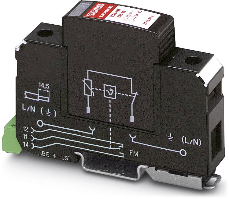 Ein Überspannungsschutzgerät mit Schaltplan. Markierungen zeigen elektrische Anschlüsse und Funktionen für den Schutz elektronischer Geräte.