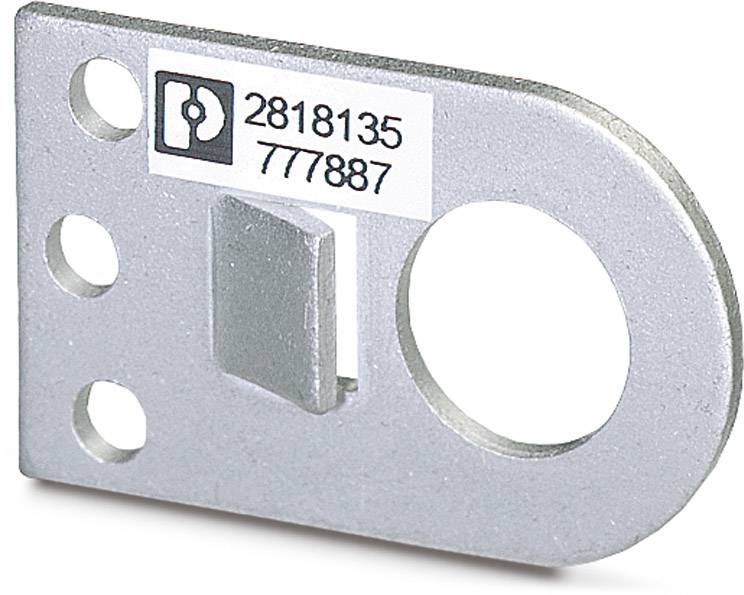 Metallische Flanschplatte mit zwei nummerierten Aufklebern '2818135' und '777887', drei kleinen Löchern und einem großen runden Ausschnitt.
