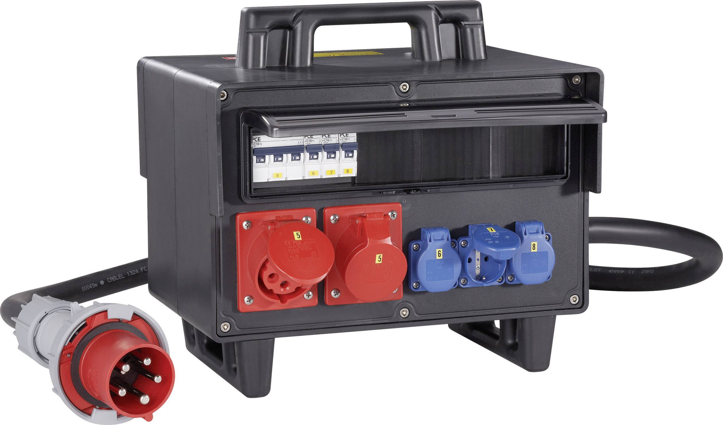 Schwarzer mobiler Stromverteiler mit mehreren Steckdosen und einem großen Stecker. Geeignet für Baustellen oder Veranstaltungen.