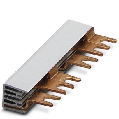 Ein dicht gepackter Kupfer-Stromschienenträger mit mehreren Zinken aus einem Aluminiumgehäuse ragend, zur Stromverteilung.