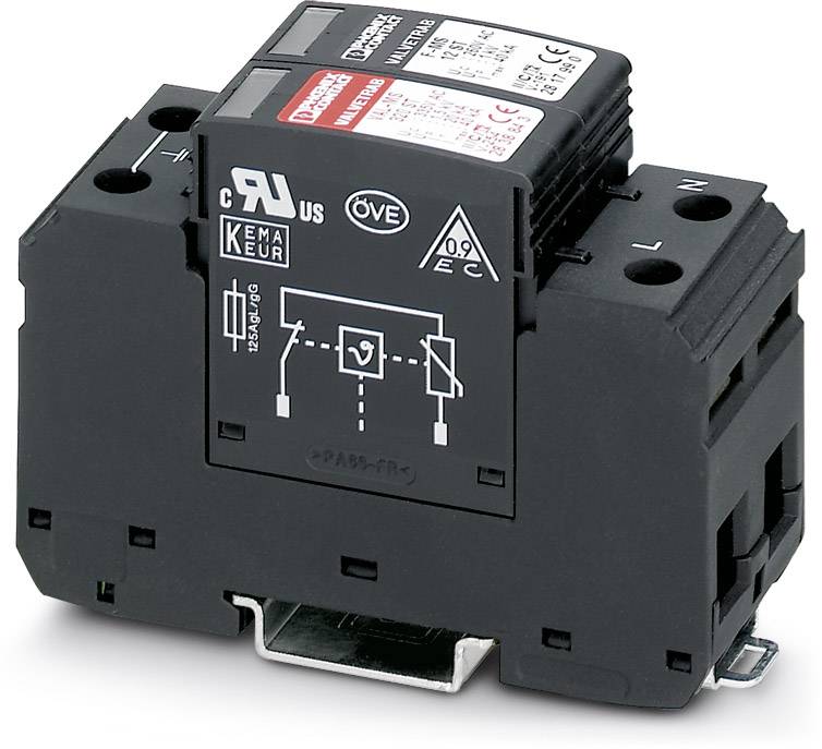 Schwarzer elektrischer Schutzschalter mit technischen Markierungen und Diagrammen auf der Oberseite. Geeignet für Schaltschrankinstallationen.