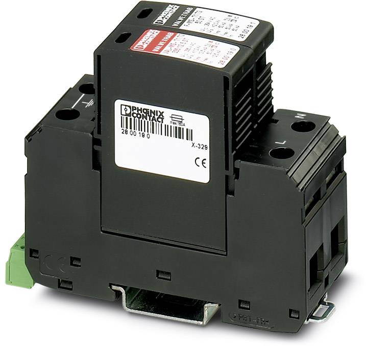 Ein schwarzes elektrisches Bauteil mit Etikett und Anschlüssen, verwendet in Schaltschränken für Sicherungen oder Stromverteilungssysteme.