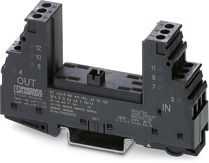 Ein schwarzes elektrisches Koppelrelais von Phoenix Contact, gekennzeichnet mit 'IN' und 'OUT', zur modularen Steuerung in Schaltschränken.