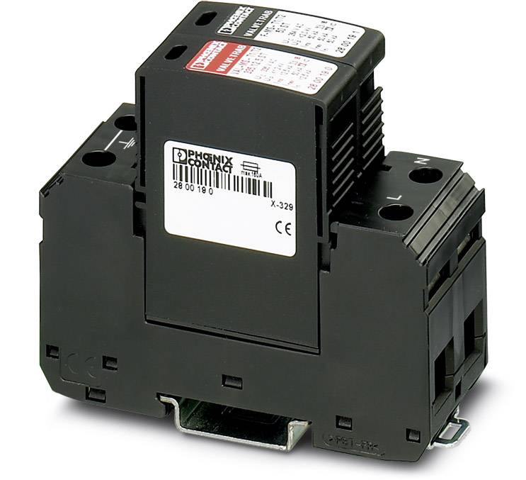 Schwarzer elektrischer Leistungsschalter von Phoenix Contact mit Aufschrift 'Phoenix Contact', zeigt technische Spezifikationen auf Etikett.
