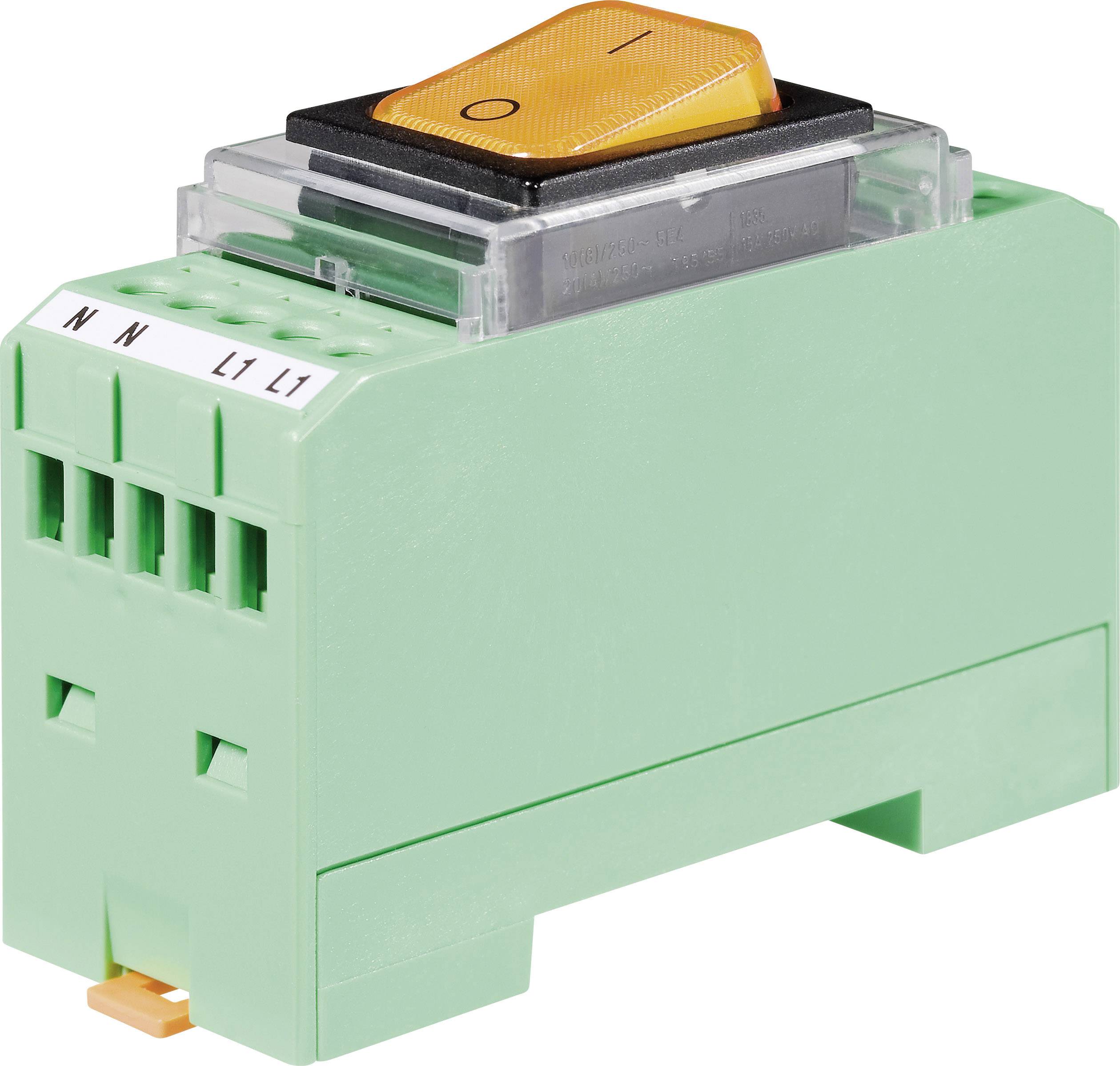 Ein grüner elektromagnetischer Schalter mit einem orangefarbenen Kippschalter und Beschriftungen 'N', 'L1' an der Seite.