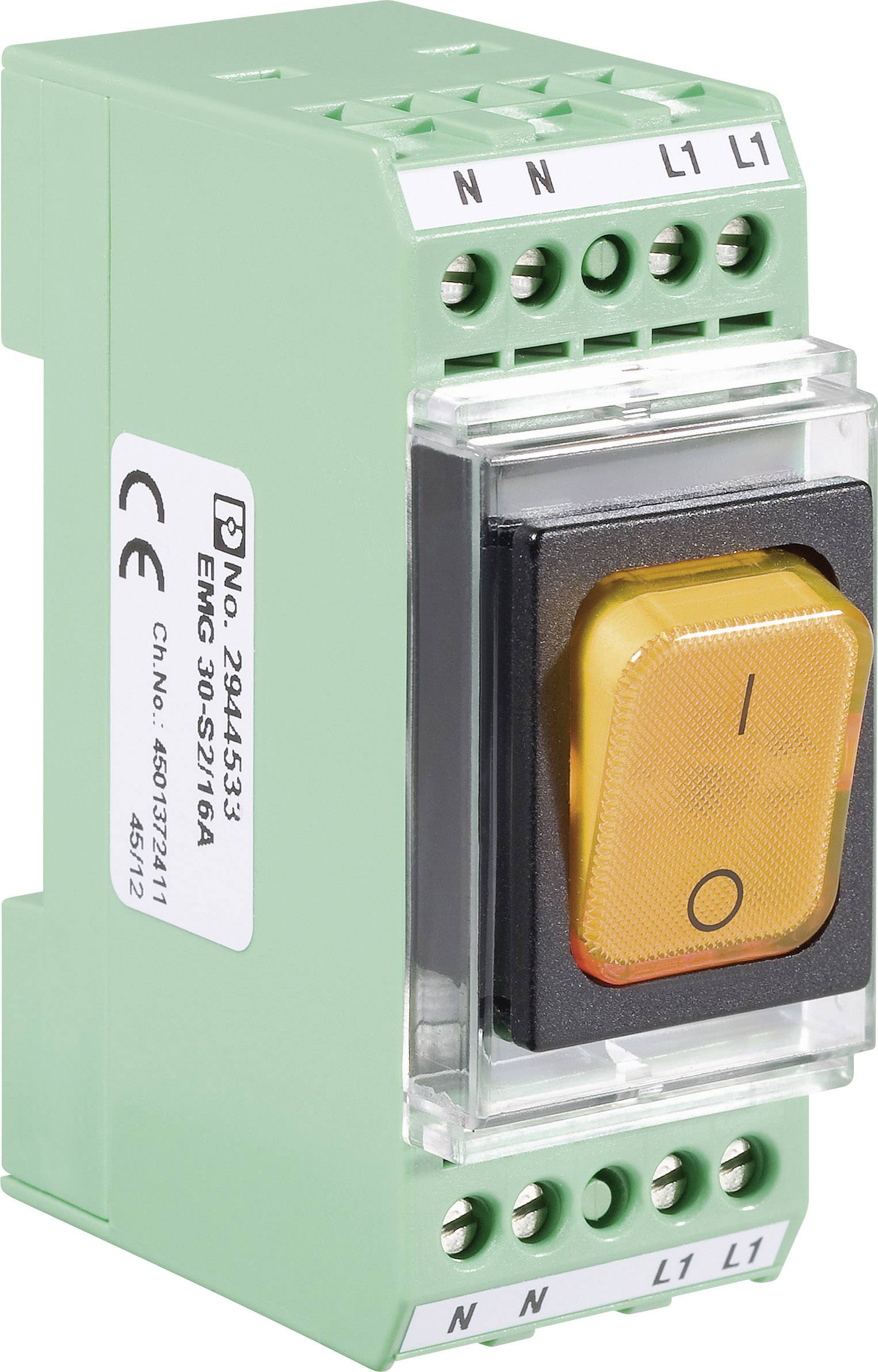 Grüner elektrischer Schalter mit gelber Ein/Aus-Wippe, geeignet zur Installation in Schalttafeln, zeigt CE-Zertifizierung.