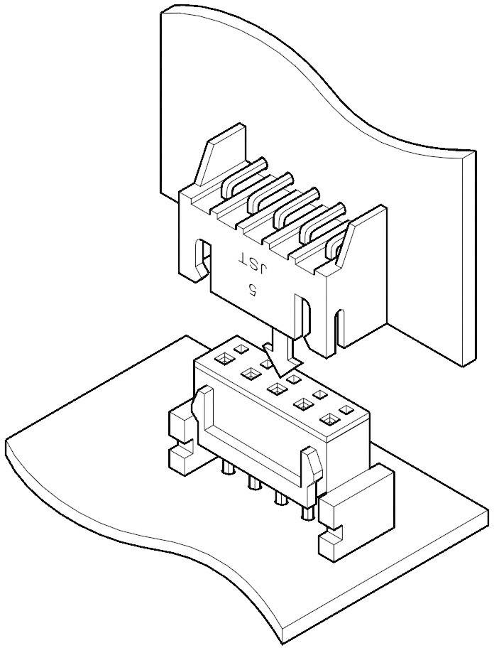 Zeichnung eines Steckverbinders, der in eine Buchse eingesetzt wird, zeigt den Steckmechanismus mit Pfeil, der die Richtung angibt.