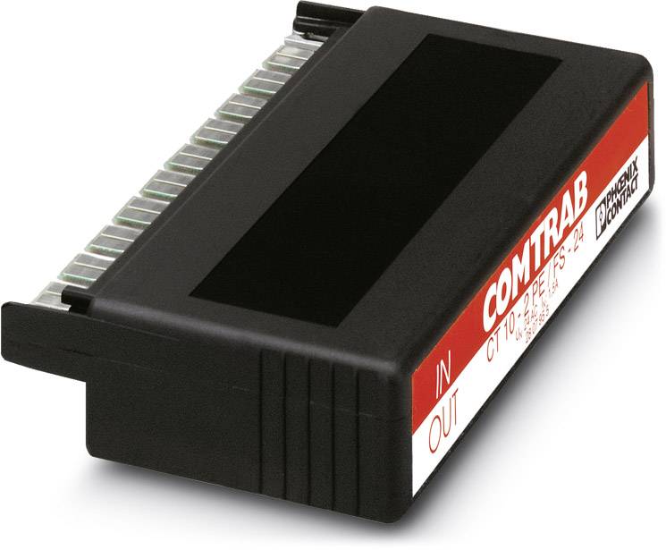 Elektronisches Bauteil mit schwarzem Gehäuse, roten und weißen Markierungen, bezeichnet als 'COMTRAB' und 'IN', 'OUT'.