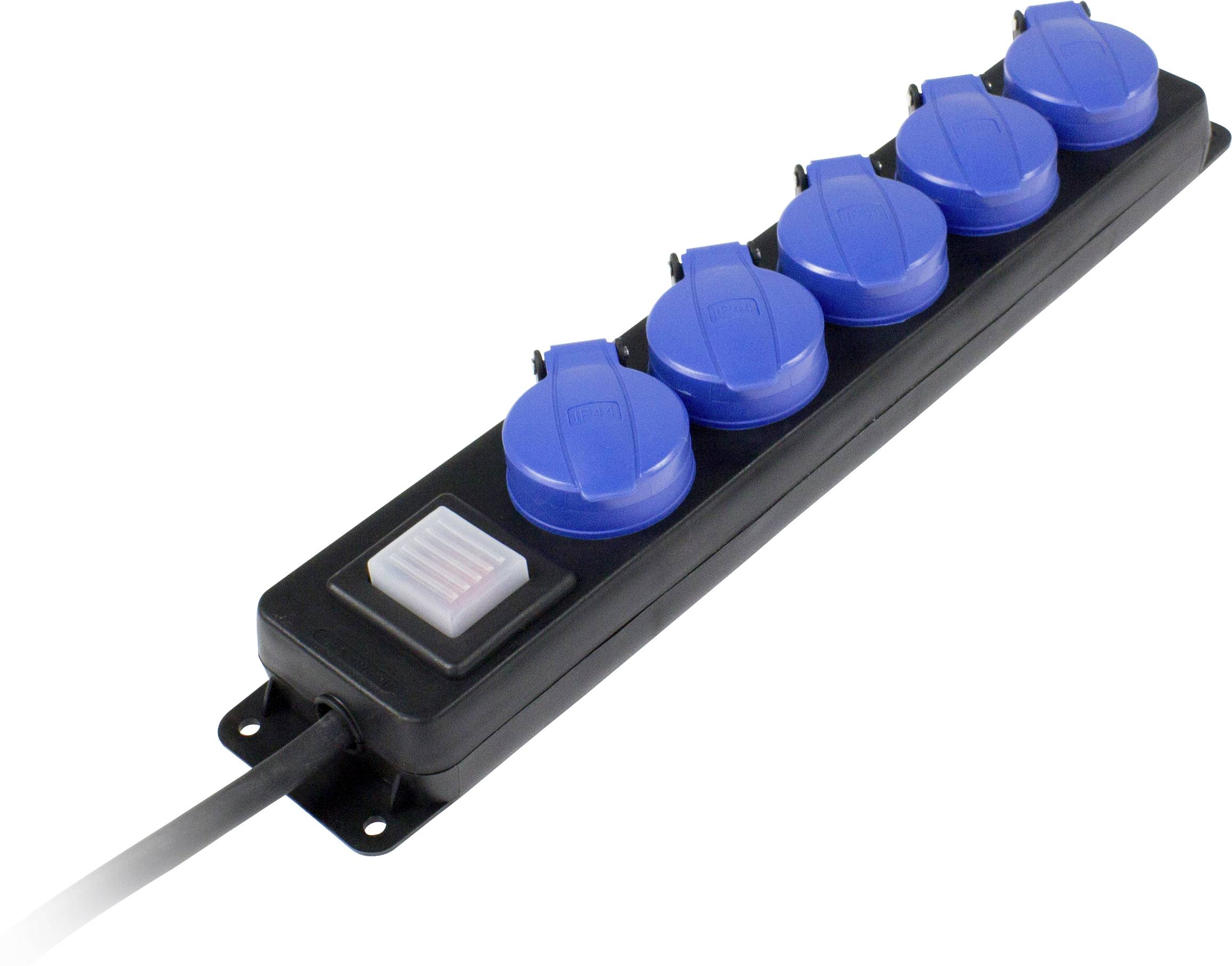 Eine schwarze Steckdosenleiste mit fünf blauen Schutzkontaktsteckplätzen und einem Schalter, ideal für die Verteilung von Strom.