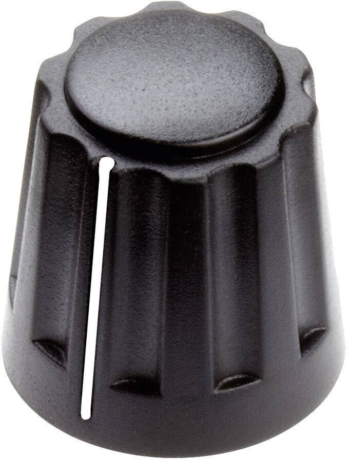 Ein schwarzer, geriffelter Drehknopf mit weißer Markierungslinie zur Positionserkennung.