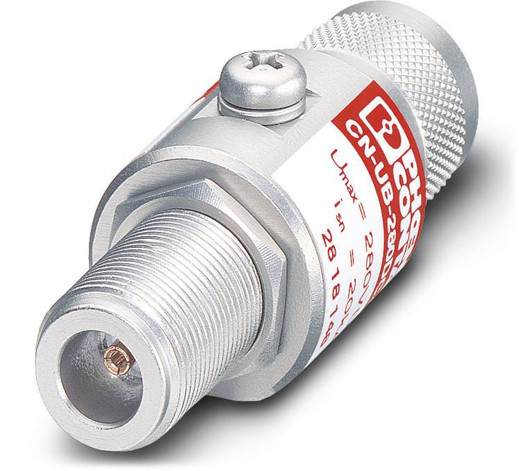 Ein silberner Koaxialstecker mit geriffeltem Gehäuse, geeignet für Frequenzen bis 2500 MHz und Leistungen bis 250 Watt.