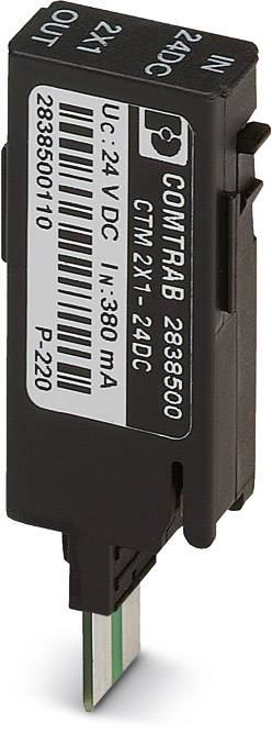Elektronisches Gerät mit schwarzem Gehäuse und Etikett, zeigt Daten wie 'UC: 24 VDC', 'I: 380 mA'. Kompatibel mit Leiterplatten.