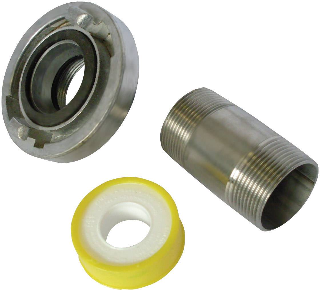 Ein Metallgewinde, ein Dichtungsring und ein gelbes Teflonband, die für Rohrinstallationen genutzt werden.