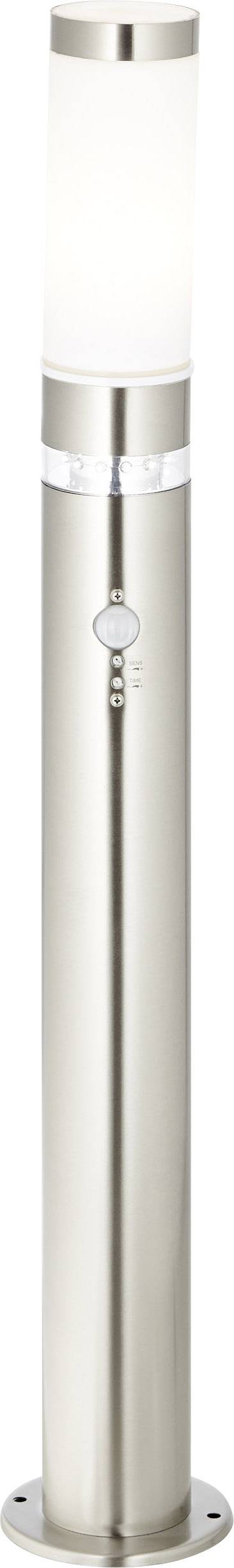 Eine moderne, silberne Außenlampe in zylindrischer Form mit Bewegungssensor.