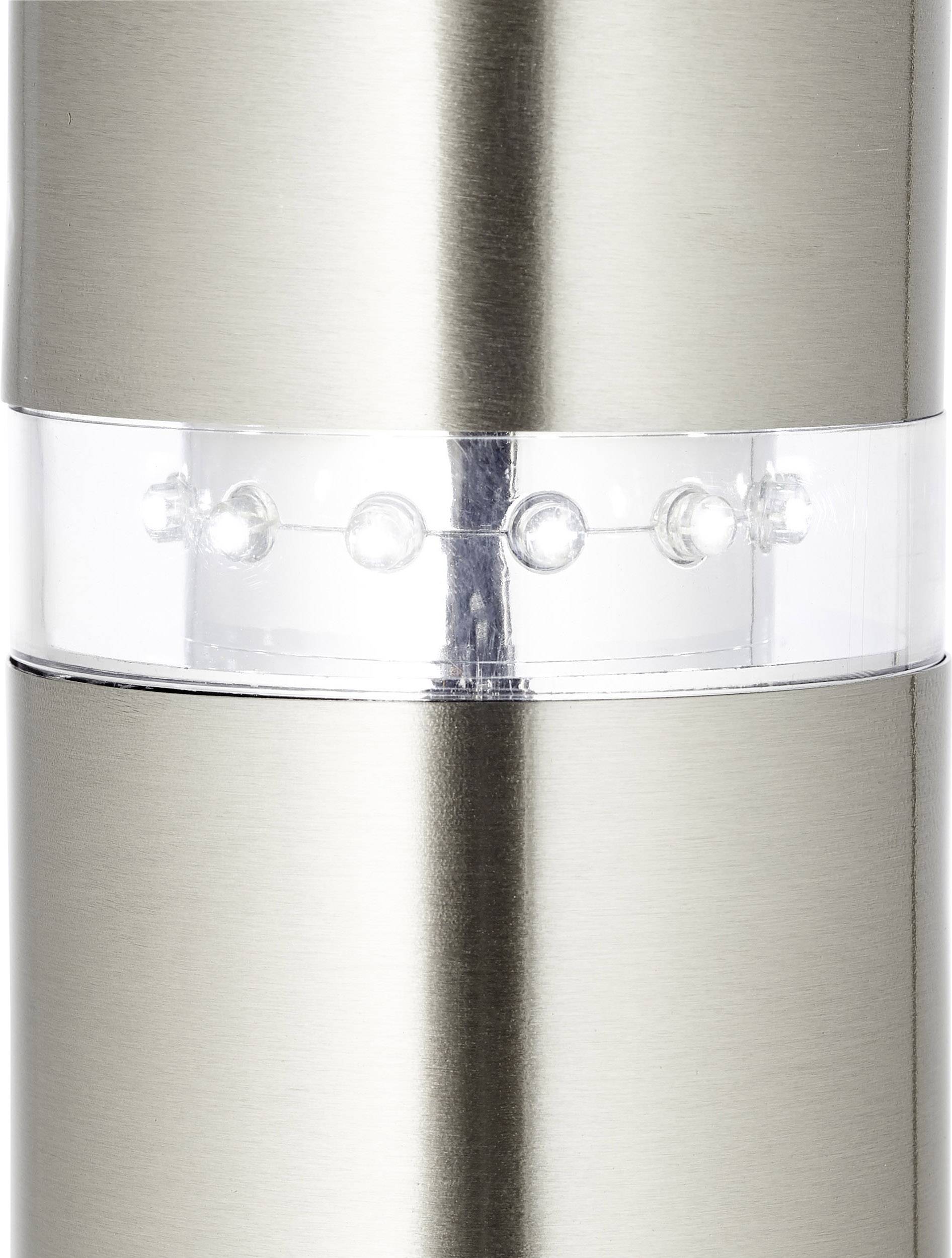 Metallische Außenleuchte mit eingebauten LED-Lichtern in einer transparenten Mittelband. Modernes, wetterbeständiges Design.