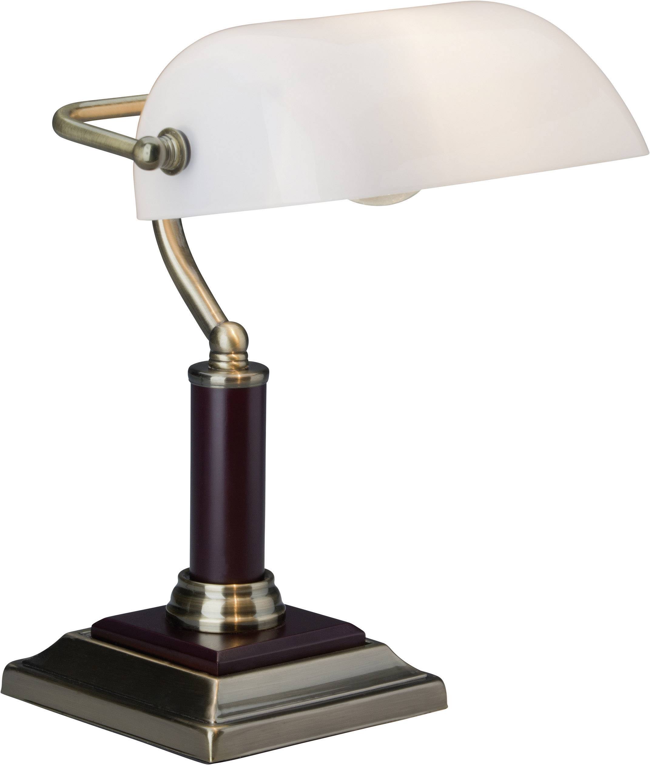 Schreibtischlampe im klassischen Design mit gebogenem weißem Lampenschirm und bronzefarbenem Fuß.