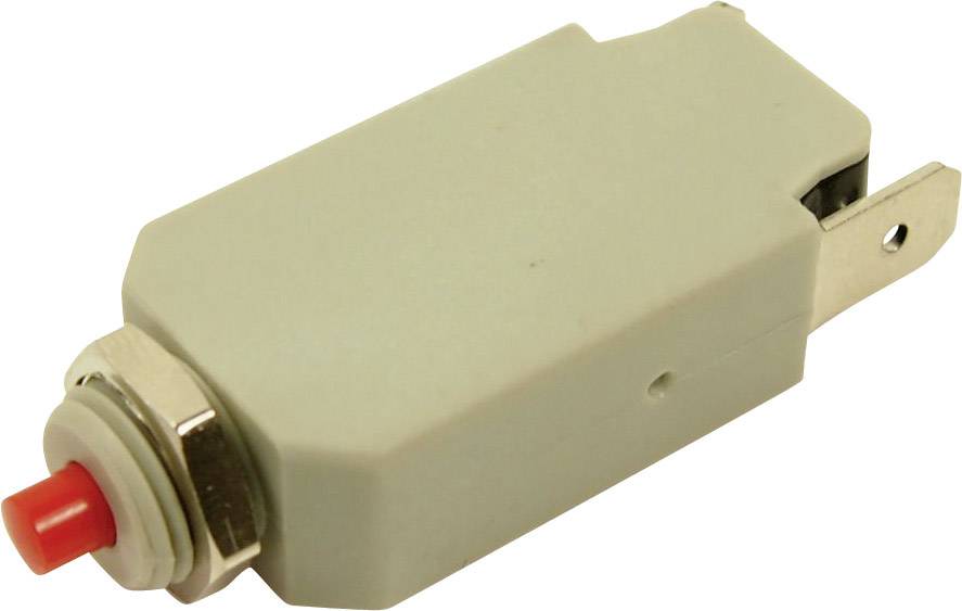 Elektrischer Schalter in einem rechteckigen Gehäuse mit einer roten Taste und zwei Anschlussklemmen an der Seite.