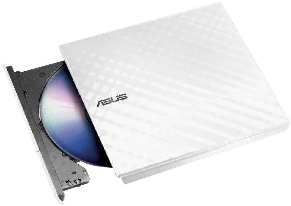 Externer weißer ASUS-DVD-Brenner mit geöffneter Lade, die eine farbige Disk enthält.