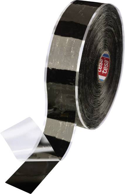 Rolle mit glänzendem, schwarzem Klebeband mit durchsichtigem Rand, teilweise abgerollt.
