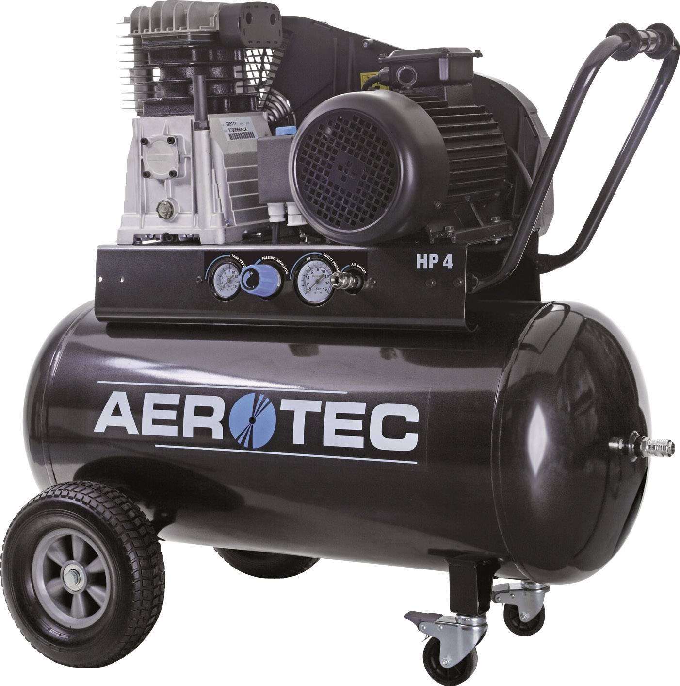 Ein mobiler Kompressor der Marke Aerotec mit zwei schwarzen Rädern, Anzeigeinstrumenten und handlichem Griff.