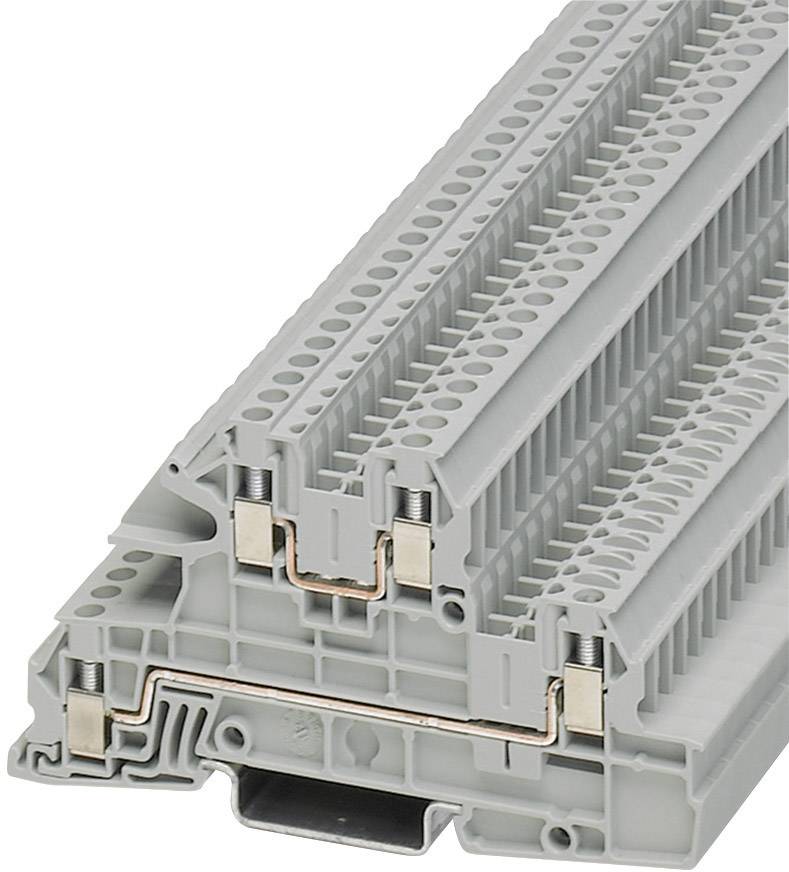 Graue elektrische Reihenklemme mit mehreren Anschlüssen und Schrauben aus Metall, für Verkabelung und Stromverteilung in Schaltschränken.