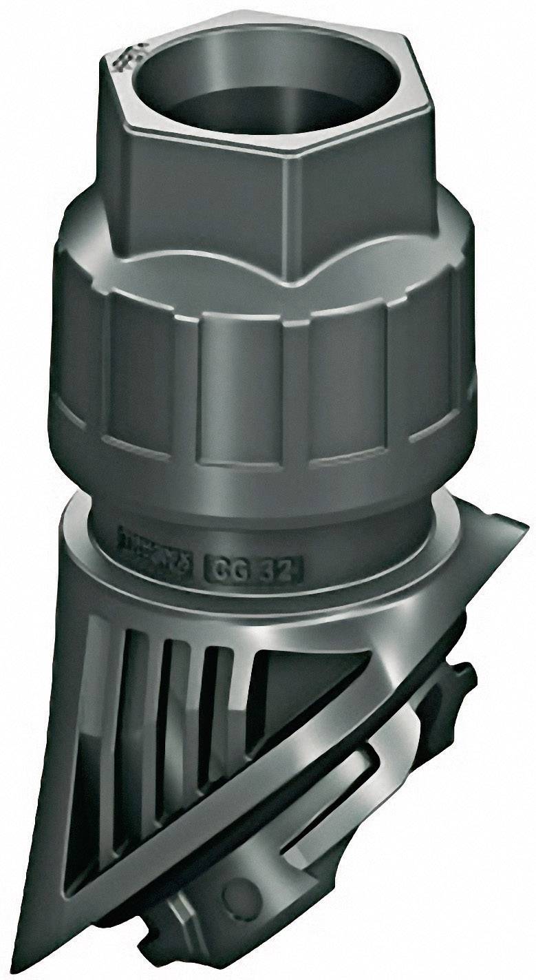 Graue Industriearmatur mit geformten Rillen und robustem Aussehen, geeignet für industrielle Rohrleitungen und Verbindungen.