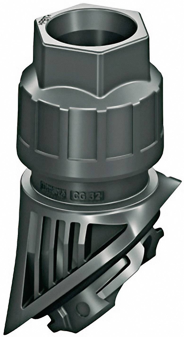 Graue, geformte technische Komponente aus Kunststoff, bestehend aus einem konischen Oberteil mit einer breiten Basis und mehreren Rillen.