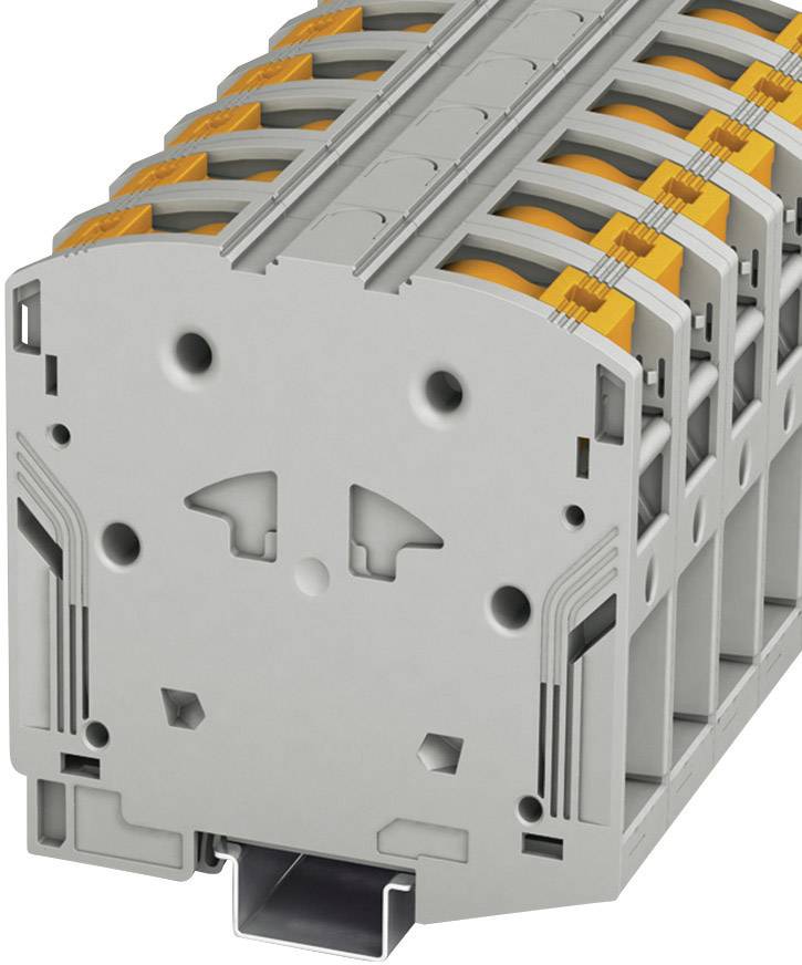 Ein elektrischer Reihenklemmenblock mit grauem Gehäuse und orangefarbenen Hebeln zur Befestigung von Kabeln in einer Schalttafel.