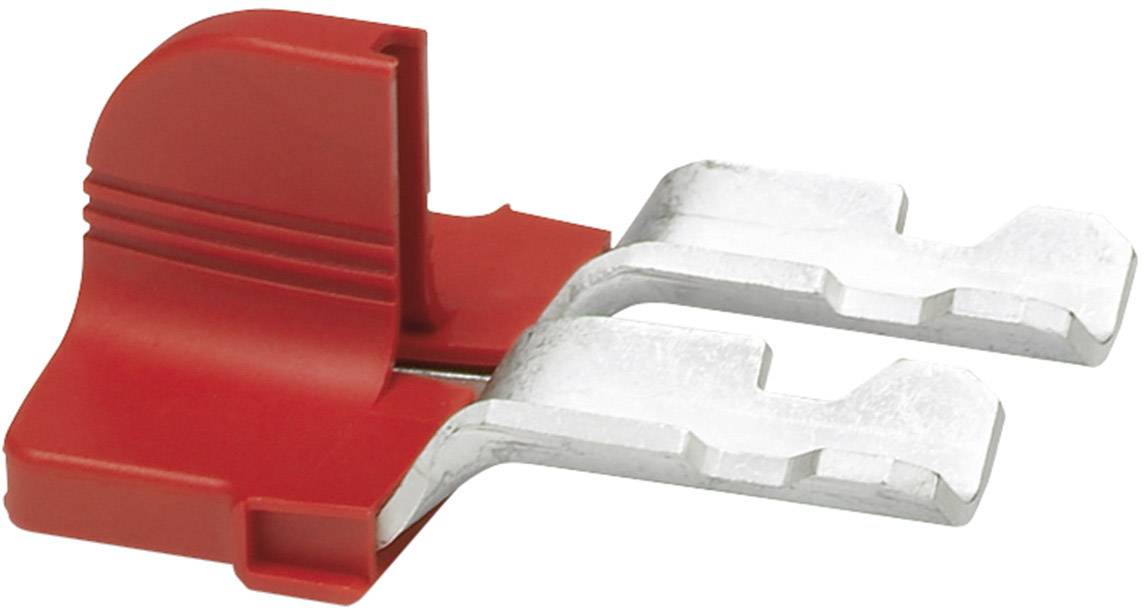 Roter Kunststoff-Isolator mit zwei metallischen Kontakten, geeignet für elektrische Sicherungsanwendungen.
